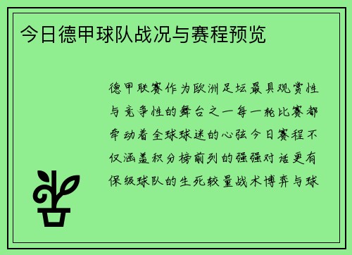 今日德甲球队战况与赛程预览